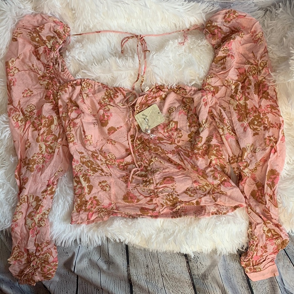 Free People New With Tags Crop Top Long Sleeve Button Detail Pink Combo Floral